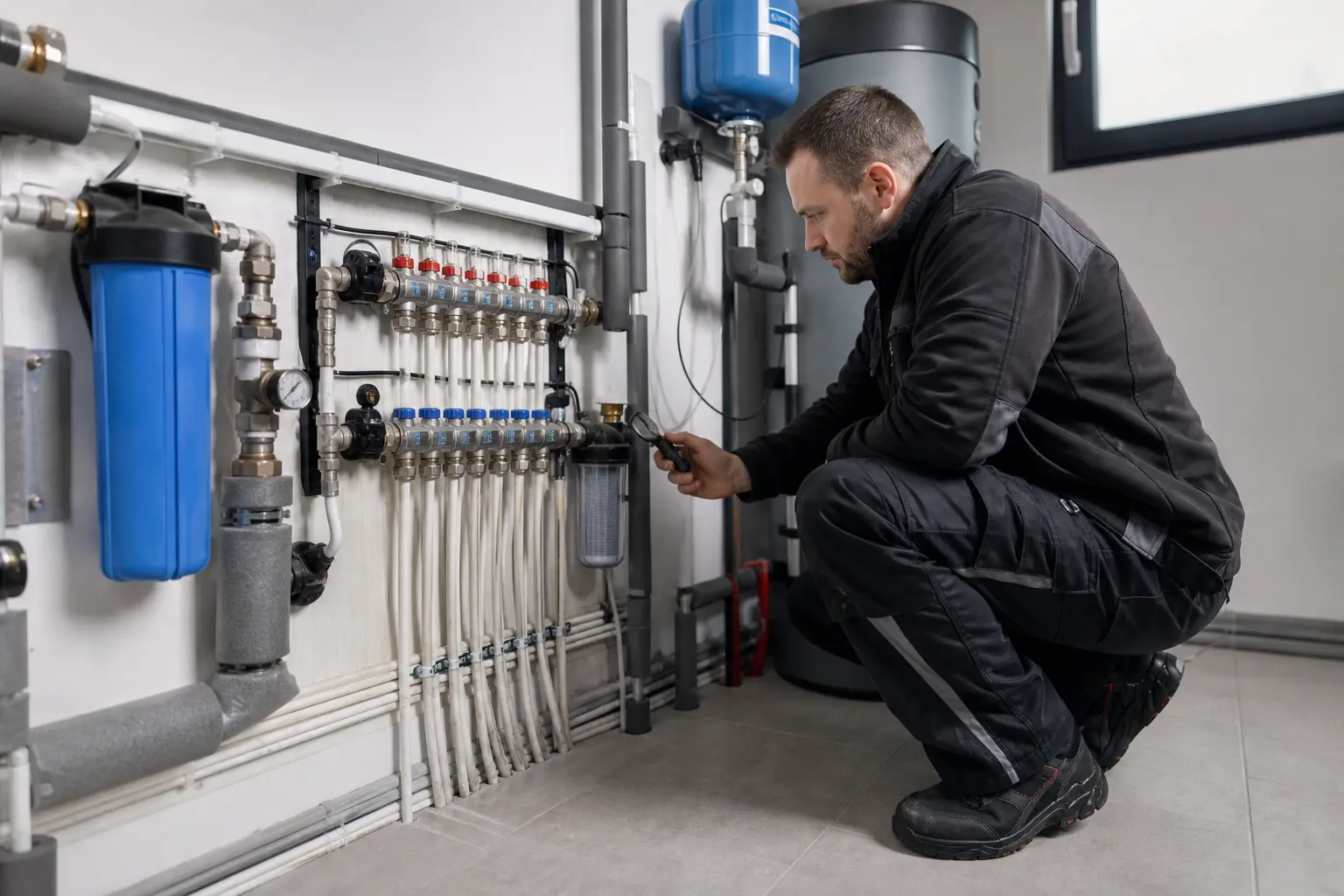 Hydraulik sprawdzający rozdzielacz instalacji wodnej w domu jednorodzinnym